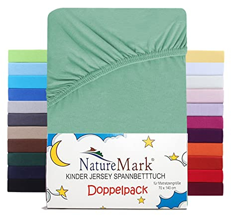 NatureMark 2er Set Kinder Spannbettlaken Jersey, Spannbetttuch 100% Baumwolle, für Babybett und Kinderbett | 70x140 cm - Jade