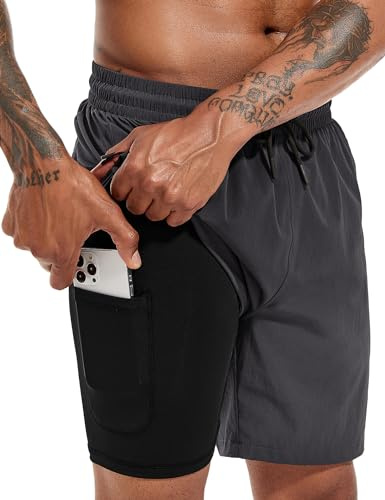 Atforna badbyxor herr långa 2 i 1 badshorts med kompression snabbtorkande ventilerande badshorts med dragkedja justerbar dragsko, Mörkgrå, L