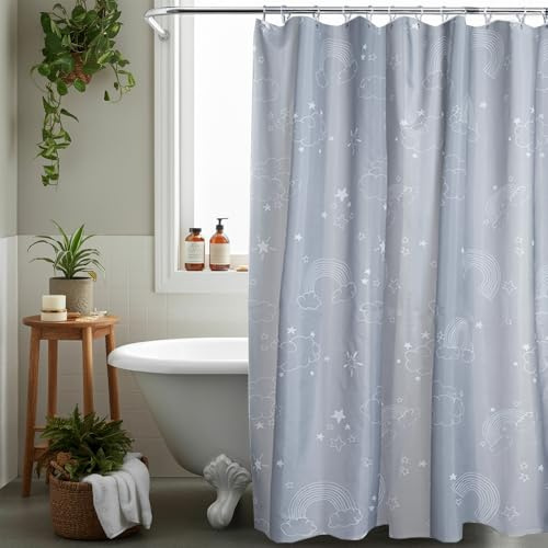 AQUALONA® Premium Shower Curtain, 12 FREE HOOKS INCLUDED - Polyester, Water-repellent Coating, Rustproof Chrome Eyelets - Mildew Resistant and Weighted Hem, 180 x 180 cm (Clouds Grey)