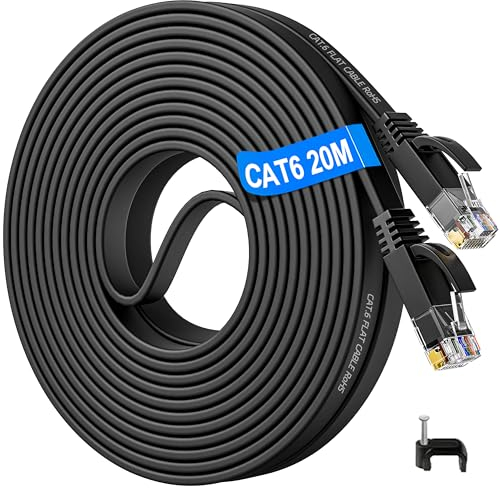 Ethernet Cable 20m, Cat 6 Long Internet Cable Flat Network Cable 20 Meters Wifi LAN Cable High Speed 10/100/1000Mbps, RJ45 Gigabit Black Slim RJ45 Patch Cord for PC Router Modem