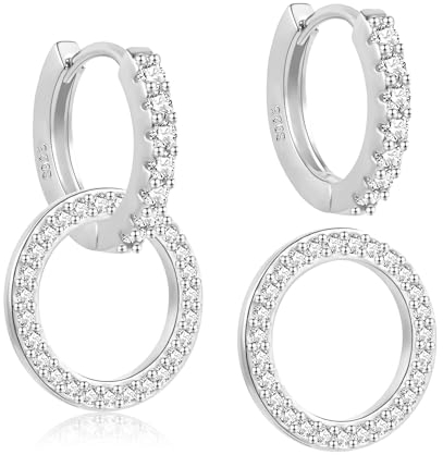 Silber 925 Creolen Hängende Ohrringe für Damen, Kleine Hängende Zirkon Doppel Creolen Ohrringe Hypoallergene Büroklammer Ohrringe Sterling Silber Ohrhänger Ohrringe Kleine Hängende Ohrringe Mädchen
