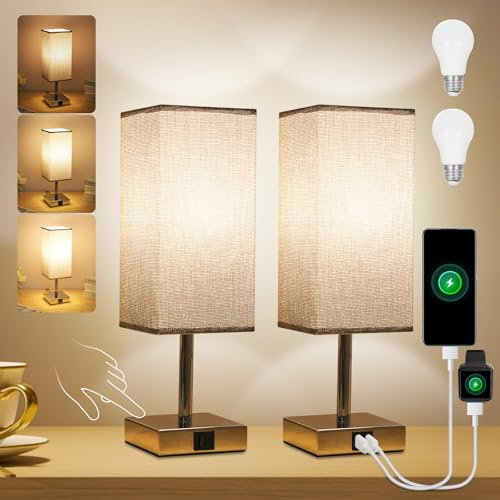Neoglint Bedside Lamps Set of 2, Touch Control Table Lamps with USB-C+A Charging Ports and Bulbs, Fabric Shade Table Light with 3 Way Dimmable for Bedroom