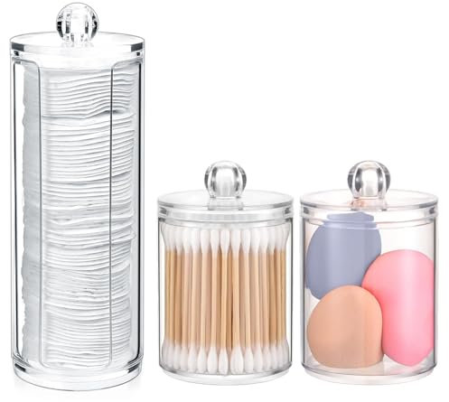 3er Set Kosmetik Organizer – Wattepads Spender & Wattestäbchen Behälter mit Deckel – Transparente Acryl Aufbewahrungsbox für Schminktisch, Badezimmer & Schlafzimmer – Make-up Aufbewahrungssystem
