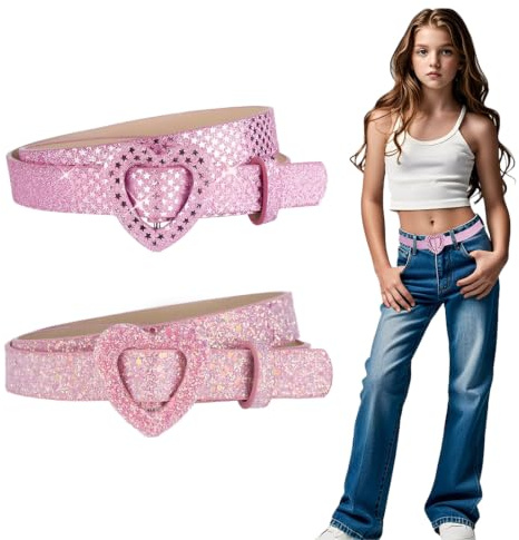 COYUN Lot de 2 Ceintures Pour Filles, Ceinture En Cuir Avec Cœur Mignon, Ceintures Extensibles Ajustables, Ceinture Pour Enfants, Pour Filles, Pour Jeans, Robes, Combinaisons Et Pantalons