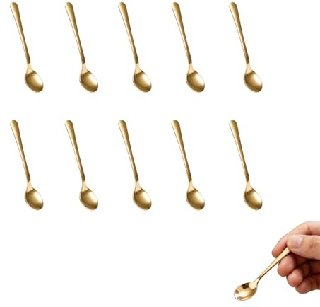10 cucharas pequeñas de acero inoxidable 304 de Tiny, para especias, sal, azúcar, cucharas de café expreso mini y miel, palas pequeñas para cocina y hogar (7,5 x 1,6 cm, dorada)