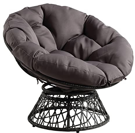 OSP Home Furnishings Wicker Papasan Chair with 360-Degree Swivel, Grey Frame with Grey Cushion