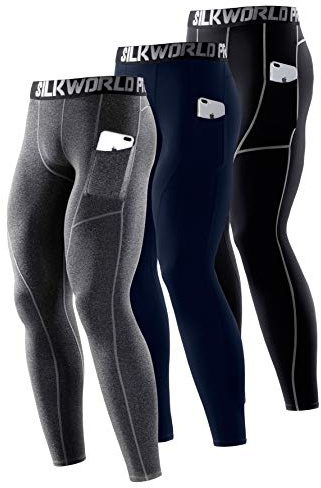 SILKWORLD Men's Compression Pants Pockets Cool Dry Gym Leggings Baselayer Running Tights (Large, Pack of 3: Dark Navy Blue+Black(Grey Stripe)+Hemp Gray)