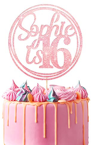 Personalised Birthday Cake Topper | Customized with Any Name Any Age 16 18 21 40 60 Party Cake Decoration | Double Sided Glitter Card | Baby Pink