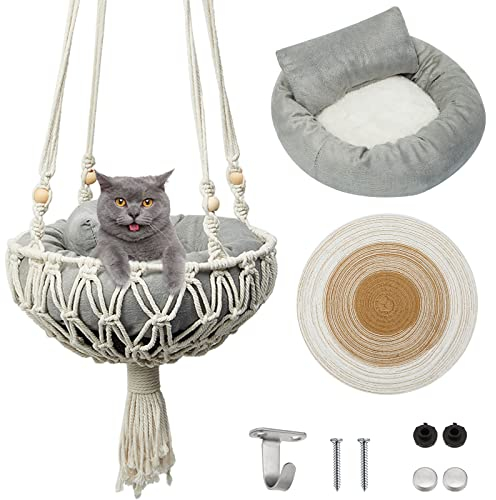 Juexica 3 Pcs Macrame Cat Hammock, Including Hanging Kitten Bed Scratcher Scratch Pad Swing Bed for Small Cat Small Dog(40 x 12 Inch,Cute Style)
