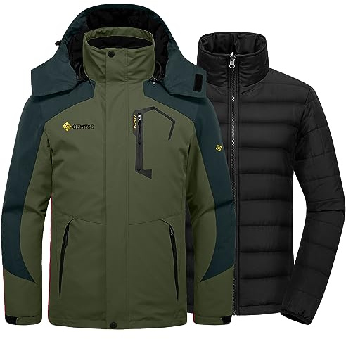 GEMYSE Men's Waterproof 3-in-1 Ski Snow Jacket Puffer Liner Insulated Winter Coat (Army Green Grey,Medium)