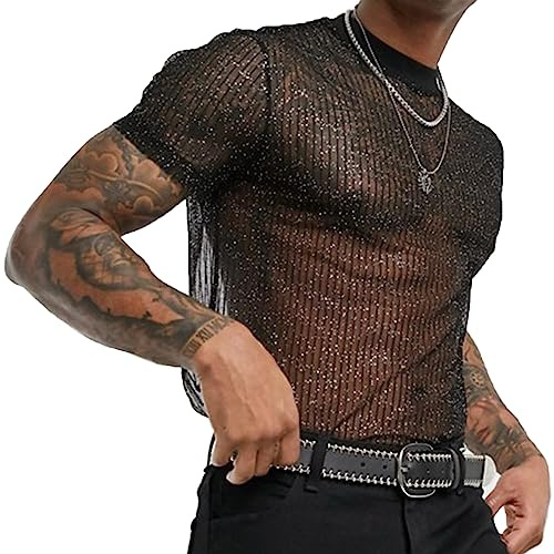 Evankin Mens Sexy Glitter Shirt Top See Through Lace Short Sleeve T-Shirt Sheer Mesh Undershirts to Show Muscle(Black, S)