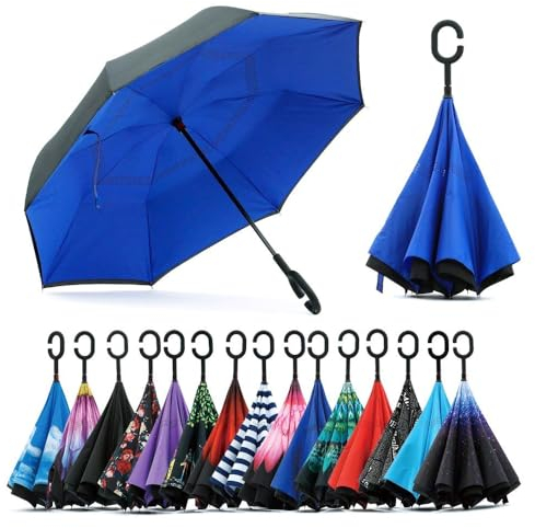CICILIAYA Parapluie pliant inversé à double couche, autoportant, protection contre la pluie à l'envers avec poignée en forme de C, grand parapluie droit, Bleu 1, M