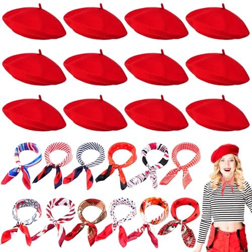 Shinymoon 24 Pcs Wool Beret Hat Bulk Artist Beanie Beret Warm French Hat with Silky Neck Scarf for Women Girl Lady(Red,Elegant Style)