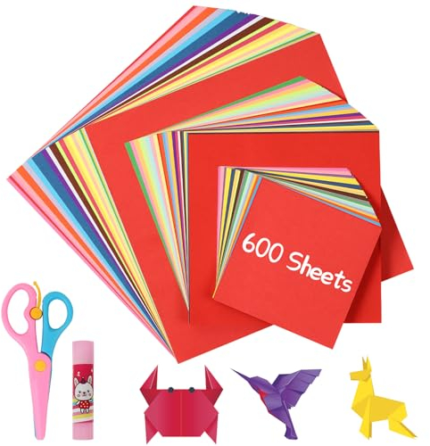 Gucass 600 Blatt Origami Papier, 20x20 & 15x15 & 10x10cm Bastelpapier Buntes Papier in 20 Farben, Faltpapier Quadratisch Tonpapier Doppelseitig, Cardstock Papier für Kinder DIY Kunst Basteln Deko