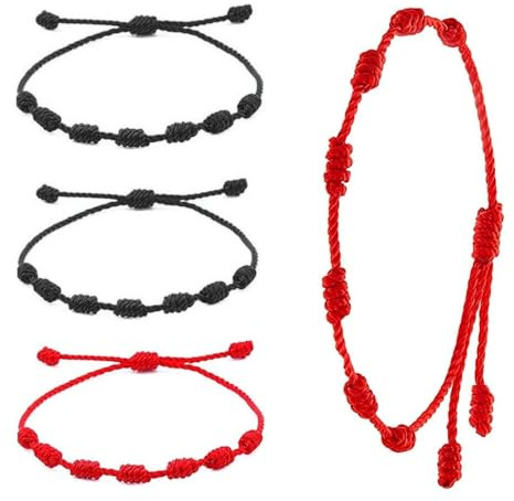 Voarge 4 Piezas Pulsera Roj, Cordón Rojo Ajustable Para Hombre y Mujer，Rojo + Negro
