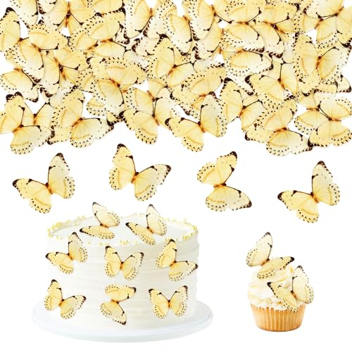 Blumomon 48Pcs Edible Butterfly Cupcake Toppers 3D Edible Butterfly Cake Topper Yellow Butterfly Cupcake Decoration Picks Wedding Baby Shower Party Wedding Anniversary Birthday Party Cake Decoration