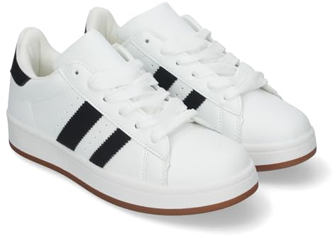 85349 Zapatillas Deportivas Planas Estilo Casual para Mujer, Cierre de Cordones y Detalle de Franjas Laterales. Blanco Talla 39