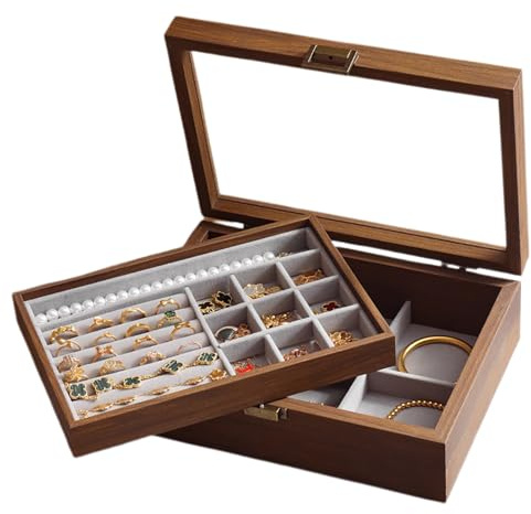 LKPOMI 2-Layer Solid Wood Jewelry Box with Clear Clear Lid, Double-Layer Jewelry Storage Box, Earrings, Necklaces, Bracelets, Rings Display for Women, Lockable Storage Boxes for Girls