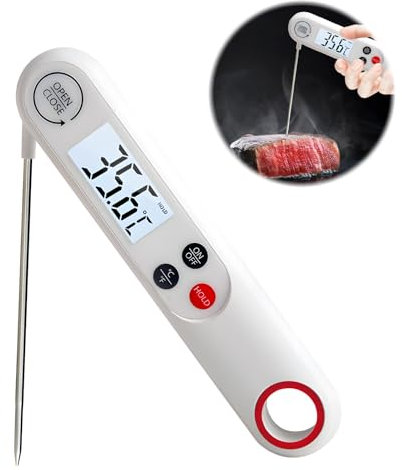 Meat Thermometer Probe Cooking Food Temperaturer Probe Digital UK for Grill and Air Fryers Instant Read Kitchen Temperature with Foldable Long Probe for Turkey Steak Water Sugar Candy Baking