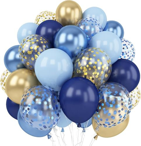 Blue Gold Balloon, 60 Packs 12 Inch Metallic Blue and Navy Blue Balloons with Gold Confetti Balloons for Birthday, Wedding, Bridal Baby Shower, Graduate Party Decorations