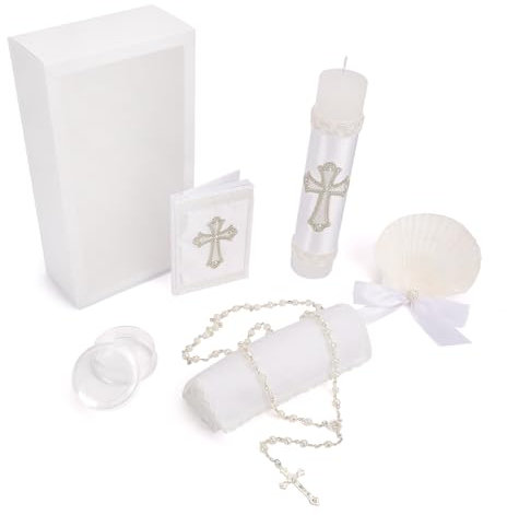 5 PCS Baptism Candle Set for Boys and Girls,White Baptism Kit Candle,Towel,Shell,Rosary andBible for Baptismal Christening First Communion Gift,Velas para Bautizo De Niño o Niña