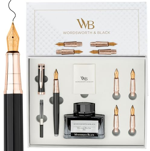 Wordsworth & Black Set regalo di penne stilografiche, flacone di inchiostro, 6 cartucce di inchiostro, un convertitore di ricarica, 4 pennini di ricambio, journaling, calligrafia, [Oro rosa nero]