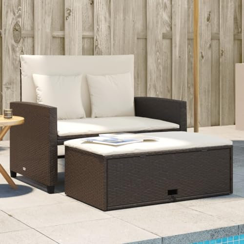 IKAYAA Rattan Lounge, Gartensofa 2 Sitzer, Balkon Lounge Klein, Gartensofa, Rattan Sofa mit Schlaffunktion, Gartensofa mit Hocker mit Stauraum, Balkon Couch, Braun und Creme
