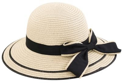 FuninCrea Sombrero de sol para mujer, ala ancha, sombrero de paja UPF 50+, plegable, sombrero de verano, protección UV con cordón elástico, sombrero de playa para mujer, sombrero de paja para el sol