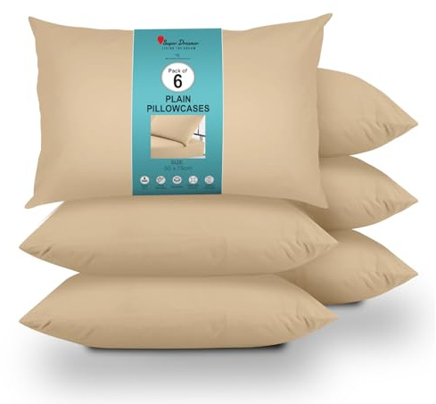 GC GAVENO CAVAILIA 6 Pairs Microfiber Pillowcases - 100% Brushed Plain Dyed Housewife Style - Hypoallergenic Pillow, Wrinkle, Fade & Stain Resistant - Envelope Closure - Standard Size (75x50 cm) Beige