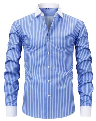 Chemise Hommes Rayures Blanche Noire Chemise Homme Boutons Manches Longues Et Col V Hauts Slim Fit Pour été Et automne Men Shirt Lin Coton Rétro Décontractée Infroissable Sans Blanc Homme (Blue, L)