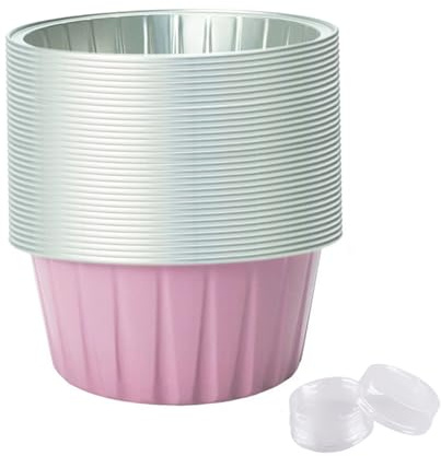 50 vasos de aluminio, vasos para hornear de 125 ml/5, 0 oz, forros de aluminio para magdalenas con 50 tapas, mini moldes de crema de para hornear, 2, 5 x 1, 3