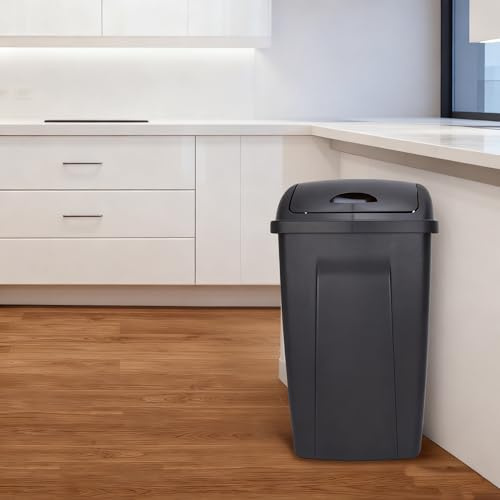Black 13 Gallon Swing Top Trash Can, Plastic Garbage Bin with Dual Swing Lid, Odor Control Waste Bin Compatible with Standard 13 Gallon Trash Bags for Kitchen, Bathroom, Garage & Office