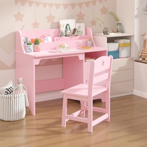 OPULENTHOME - Escritorio para niños con silla, estudio para niños y niñas con armario de almacenamiento, mesa de estudio de madera para niños y sala de estudio