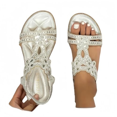 Flat Rhinestones Sandals For Women uk,Wide Width Bohemian Sparkling Women's Walking Non Slip On Casual Summer Beach Shoes Ankle Elastic Strap Lightweight Comfortable Flats Dressy Outdoor