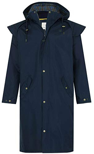 LightHouse Men's Stockman Waterproof Raincoat - Long Lined Windproof Outdoor Coat with Detachable Hood - Navy - XL