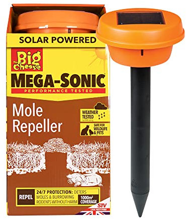 The Big Cheese Mega-Sonic Advanced Solar Mole Repeller, Solar Rechargeable and Weather-Resistant with Vibration and Mega-Sonic Pulse, Deters Moles and Other Burrowing Rodents from Lawns and Gardens
