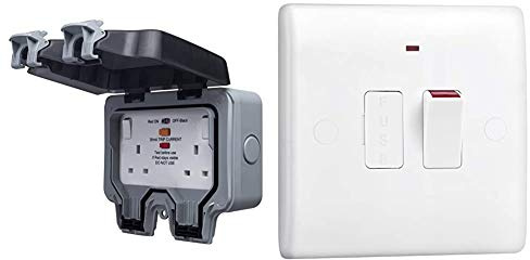 BG Electrical Double Weatherproof Outdoor Switched Power Socket with Latching RCD, IP66 Rated, 13 Amp & Electrical Switched Fused Connection Unit with a Power Indicator, 13 Amp, White