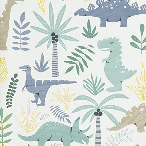 YöL Full Roll Dino Forest Kids Wallpaper Blue Duck Egg