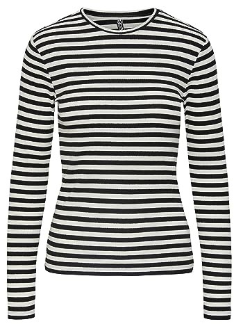 PIECES Pcruka LS Top Noos, Camiseta de Manga Larga para Mujer, Cloud Dancer/Stripes: Negro, S