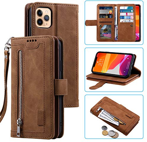 EYZUTAK mobiltelefonfodral för iPhone 14 Pro 6.1 fodral, flip case läderskal dragkedja magnetlås plånbok med 9 kortplatser stativfunktion retro matt läderväska-brun