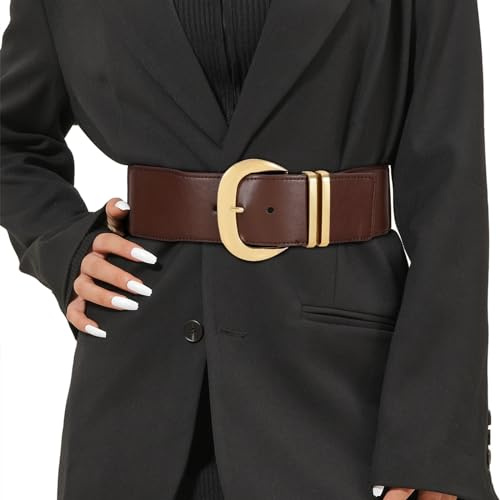 WHIPPY Women Wide Elastic Waist Belt for Dresses Fashion Gold Buckle Stretchy Leather Waistband for Ladies, Coffee, Fits Waist 28-33