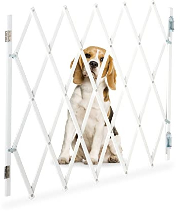 Relaxdays Hundeabsperrgitter, ausziehbar bis 118 cm, 69-82,5 cm hoch, Bambus, Hunde Schutzgitter für Treppe & Tür, weiß