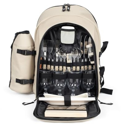 Livoo Picknick-Rucksack für 4 Personen SE970C – 11 l, 600D, 30 Zubehörteile, Creme, Cremefarben, Großartig