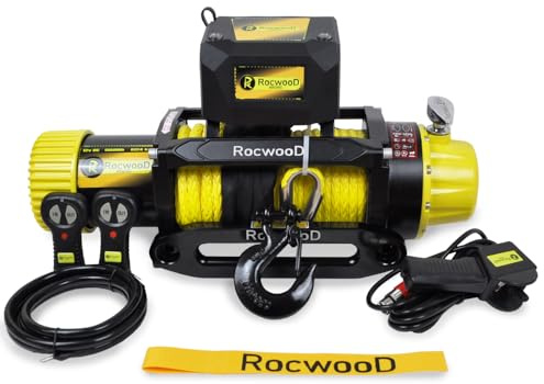 RocwooD Electric Winch 13500lbs 12V Synthetic Cable Heavy Duty Fairlead Wireless Remote Control Including Mounting Holes & Wireless Remotes Offroad Heavy Duty