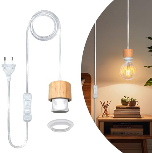 Lampada a sospensione con spina, 500 cm, cavo trasparente, portalampada E27 con cavo e interruttore, lampada a sospensione con spina, cavo lampada con attacco, presa per lampada a sospensione, luce