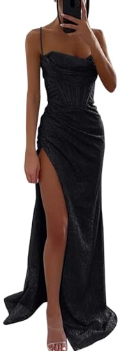 Abito Lungo con Brillantini e Glitter, Vita Alta Slim Fit con Schiena Scoperta in Pelle, Vestito da Sera Donna con Spalline Sexy per Capodanno