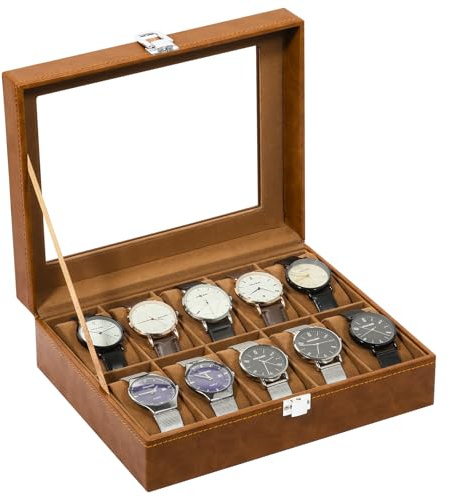 Uten Boîte à Montres 10 Compartiments, Coffret à Montres en PU, Couvercle en Verre, Coffret de Rangement pour Montres, Doublure en Velours Marron, Idée Cadeau