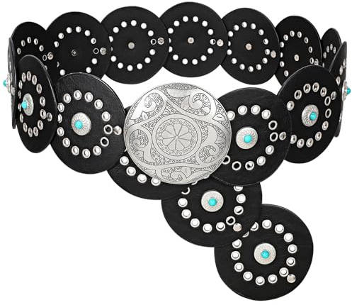 VONMELLI Cintura in Pelle Occidentale per Donna Concho Cowgirl Cinture a Disco Donna Ampia Cintura in Vita Boho Country per Abito Nero (Fibbia Argento) M