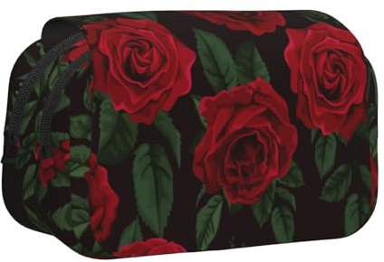 SATUSA Red Rose Print Pencil Case Large Capacity Pen Pouch Pencil Bag with 2 Compartments Pen Holder Organizer Stationery Bag