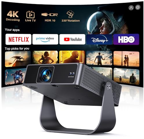 Proiettore Portatile【Smart TV & 1000+ Canali Live】Mini Proiettore 4K Smart TV Compatibile con Netflix, Rotazione 330°, Auto Focus WiFi Bluetooth, 1080P Nativo, Videoproiettore soffitto casa/campeggio